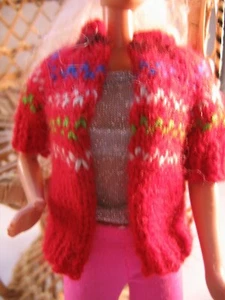 Doll Clothes Red Design Sweater Hand Knit fits 11 1/2 inch fashion as Barbie - Picture 1 of 2