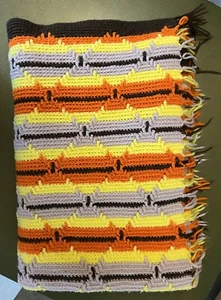 Vintage 70er Jahre afghanisch gehäkelt braun orange gelb, Ernte Herbst Herbst Farben 63" x 40" - Bild 1 von 11