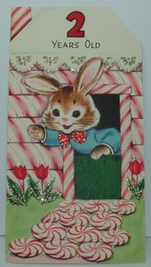 Glittered - Candy Cane House, Bunny - 1950's GIBSON Birthday Card