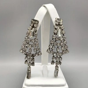 Art Deco Hollywood Regency Bridal Rhinestone Silver Tone Clip On Earrings VTG - Picture 1 of 6