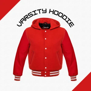 Hoodie Red Letterman Baseball Varsity Jacket Red Real Leather Sleeves - Picture 1 of 7