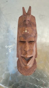 Mask African Wood And Hueso. Original, Carved Hand Senegal Red/White - Picture 1 of 4