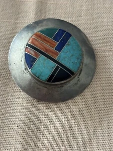 Vtg Zuni Inlaid Silver Button. One Of A Kind - Lapis, Onyx, Torquoise, Malachite - Picture 1 of 4