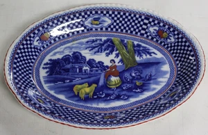 William Adams & Son Polychrome Flow Blue Old English Rural Scenes Oval Platter - Picture 1 of 4