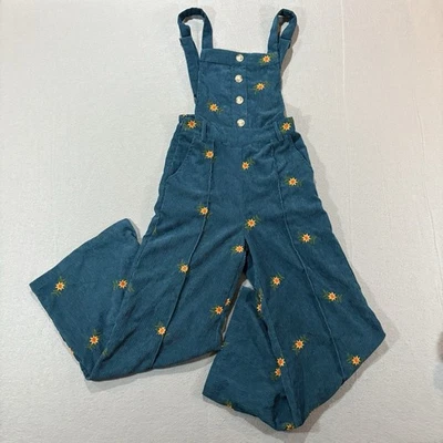 Mono de pana de sidra para mujer XXS azul verde bordado flor boho casa de campo Foto 1 de 4