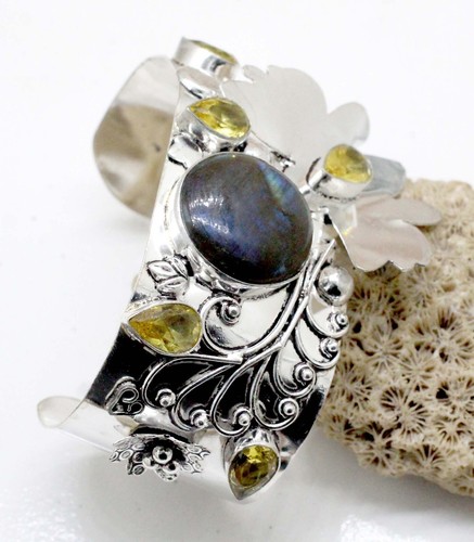 VALENTINO 925 Sterling Silver Labradorite & Citrine Gemstone Jewellery Cuff Bracelet S ADJ