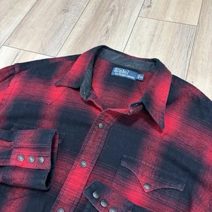 VTG POLO By Ralph Lauren Mens Western Country Flannel Shirt Buffalo Plaid XL A+ - Picture 1 of 8