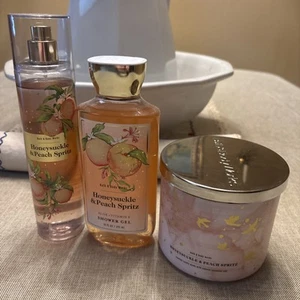 Bath & Body Works LOT OF 3 HONEYSUCKLE & PEACH SPRITZ Shower Gel, Spray & Candle - Picture 1 of 5