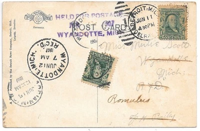 1907 - Detroit to Wyandotte, Michigan - Forwarded - with 'Held for Postage' - Image 1 of 2