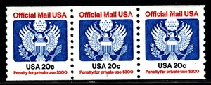 Stamp USA Official Mail - 20¢ Eagle - plate # 1 coil strips of three SC#O135 - Picture 1 of 1