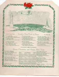 1932 Lindburgh Souvenir Songsheet & Poem " Lindy's New York to Paree " - Bild 1 von 2
