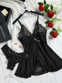 Babydall Lingerie Set Black Lace Sexy Two Piece Sleepwear Nightdress + G-string 