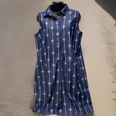 Liz Claiborne Denim Dress M Sleeveless Nautical Blue Pocket Beach Cruise Coastal - Image 1 of 4