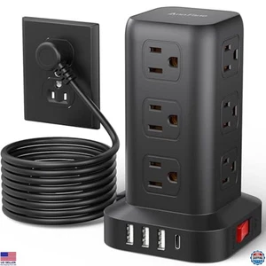 10 FT Surge Protector Power Strip Tower - 4 USB Ports (1 USB-C) & 12 AC Outlets - Picture 1 of 6