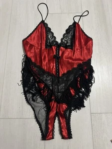 Vintage Fredericks Of Hollywood Black Red Satin Tricot Crotchless Teddy Sz 1X - Picture 1 of 8