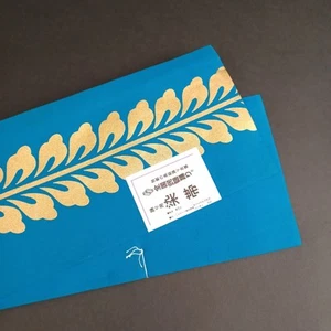 Cintura kimono Yukata giapponese Hanhaba Obi blu con motivo foglia oro mai usata - Foto 1 di 4