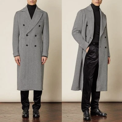 Herringbone Wool Blend Tweed Men Overcoat Long Coats Double Breasted Notch Lapel - Image 1 of 4