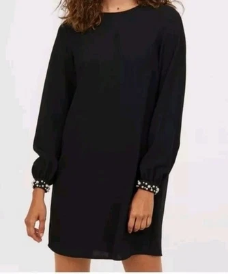 Vestido recto de cóctel negro de manga larga con puño de perlas talla 6 de H&M para mujer Foto 1 de 4