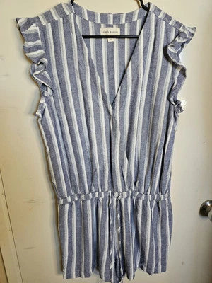 Cloth & Stone Blue White Striped Romper Womens Ruffle Sleeve Summer Size M - Image 1 of 4