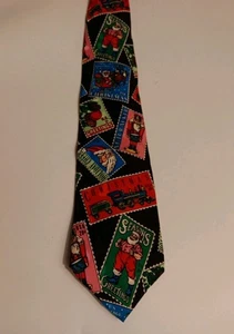 Christmas Tie Vintage Addiction 1991 Santa Holiday Xmas Stamp 100% Silk NeckTie  - Picture 1 of 11