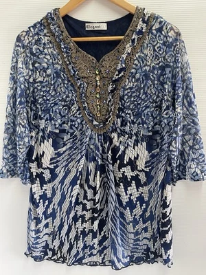 Elegant Women's Size L Blouse Top Half Sleeve Boho Beach Pullover V Neck Beaded - image 1 of 4