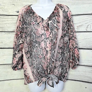 Ivory Medium Pink Snake Print Tie Front Blouse M - Picture 1 of 6