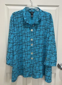 ALI MILES Shirt Women 3X Blue Black Abstract Button Up Wire Collar 3/4 Sleeve - Picture 1 of 8