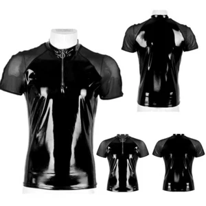 Men's T Shirt Zipper Metallic Short Sleeve Muscle Tops Latex Shirt Tees Clubwear - Picture 1 of 15