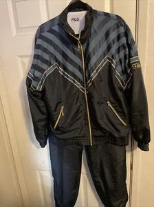 Vtg 80s FILA Track Suit Jacket + Pants Black Green Gold Zip Women's 10 - Picture 1 of 12