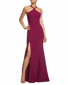 ABITO la POPOLAZIONE Magenta Scuro BRIANNA Halter Schiena Aperta Crepe Maxi Abito M 6/8 - Foto 1 di 8