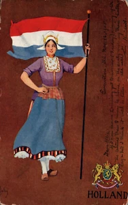 POSTAL FIRMADA POR EL ARTISTA DE SAN JOHN Holanda, Niña con Vestido Nativo Sosteniendo Bandera. - Imagen 1 de 2