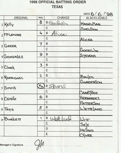 6-6-98 Texas Rangers Game Used Umpire Lineup Card - Ivan Rodriguez & Will Clark - Picture 1 of 2