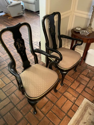 6 Drexel Hand Painted Black Et Cetera black lacquer, Chinoiserie Style- 2 armed Cover