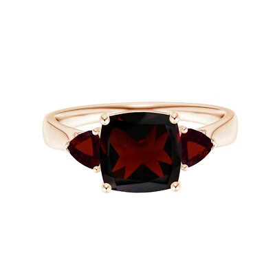 Three Stone Cushion & Trillion Cut Garnet Ring For Women 14k Rose Gold Foto 1 de 4