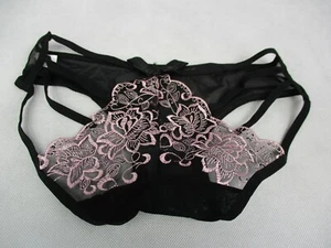 Black with Pink Accents Lace Strappy Briefs Free Size Waist 11" UK Small - Picture 1 of 4