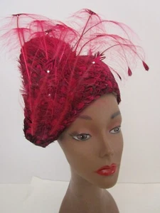 Jack McConnell Fuchsia Pillbox Calot Hat Plume Covered Feather Custom Church - Picture 1 of 10