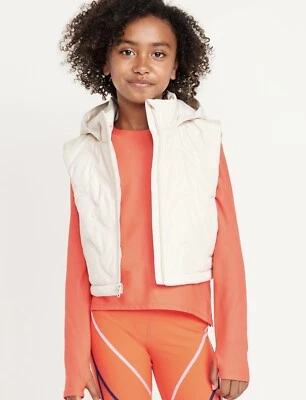 Old Navy Water Resistant Quilted Cropped Hooded Vest Girls Size XL Cream - Image 1 of 4