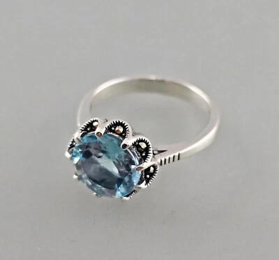 9923324 Vintage 925er Argento Blautopas-Markasit-Ring Gr.55 - Immagine 1 di 4