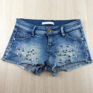 Denim Shorts Women's Size 27 Itaimaska Low Rise Cut-off Diamantes & Pearl Beads - Picture 1 of 9