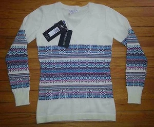 ExOfficio Sweater Wool Blend Ivory Blue Pink Green Design Stripe NWT Sz XS c448 - Picture 1 of 5