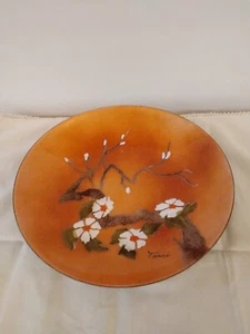Terri Bovano Cheshire Orange Enamel Plate Floral Mid Century White Flower Vintag - Picture 1 of 4