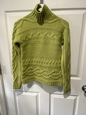 Garnet Hill Lime Green 100% Cashmere Cable Turtleneck Sweater Sz S - Image 1 of 4