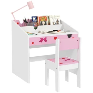 AIYAPLAY Children Study Table and Chair w/ Storage, Pull-Out Drawer, Pink - Picture 1 of 11