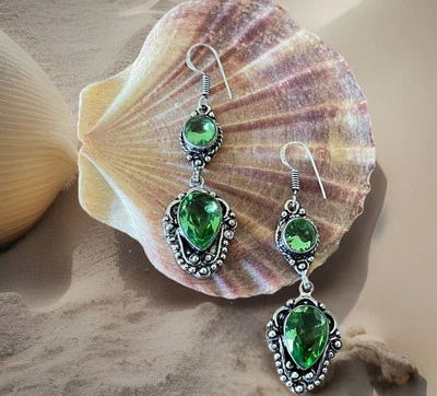 Pendientes largos de cristal facetado de peridoto - enchapados en plata 925 - nuevos Foto 1 de 3