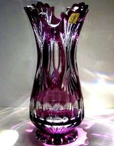 Jarrón CRESTAL CÉSAR púrpura cortado a mano para superposición transparente checo bohemio estuche ~8" - Imagen 1 de 7