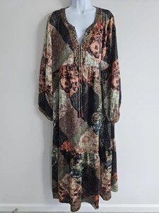 Johnny Was Dress Womens XL Mabel Multi Silk Boho Patchwork Tiered Peasant Fall - Picture 1 of 12