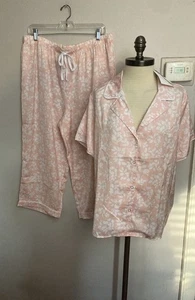 Anne Klein Pink Satin Pajamas Floral Cropped Pants 2pc XL NWT - Picture 1 of 3