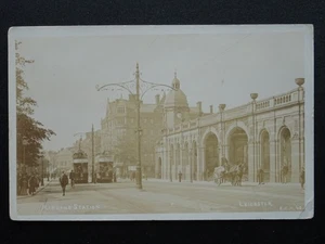 Leicester MIDLAND RAILWAY STATION shows TRAM ADVERTS c1906 RP Postcard by E.C.M. - Picture 1 of 4