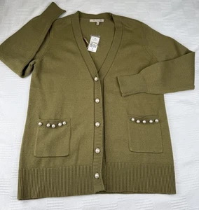 NWT Womens Olive Green V-Neck Cardigan W/Pearl Buttons Pockets Sz M Cottagecore - Picture 1 of 9