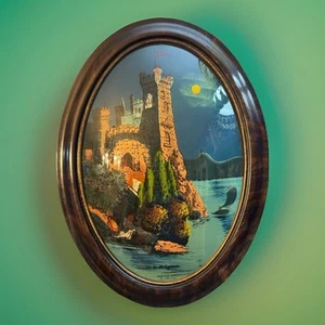 Atq 1917 “Castle in Belgium” Reverse Glass Painting In Dark Wood Frame-GUC - Picture 1 of 10